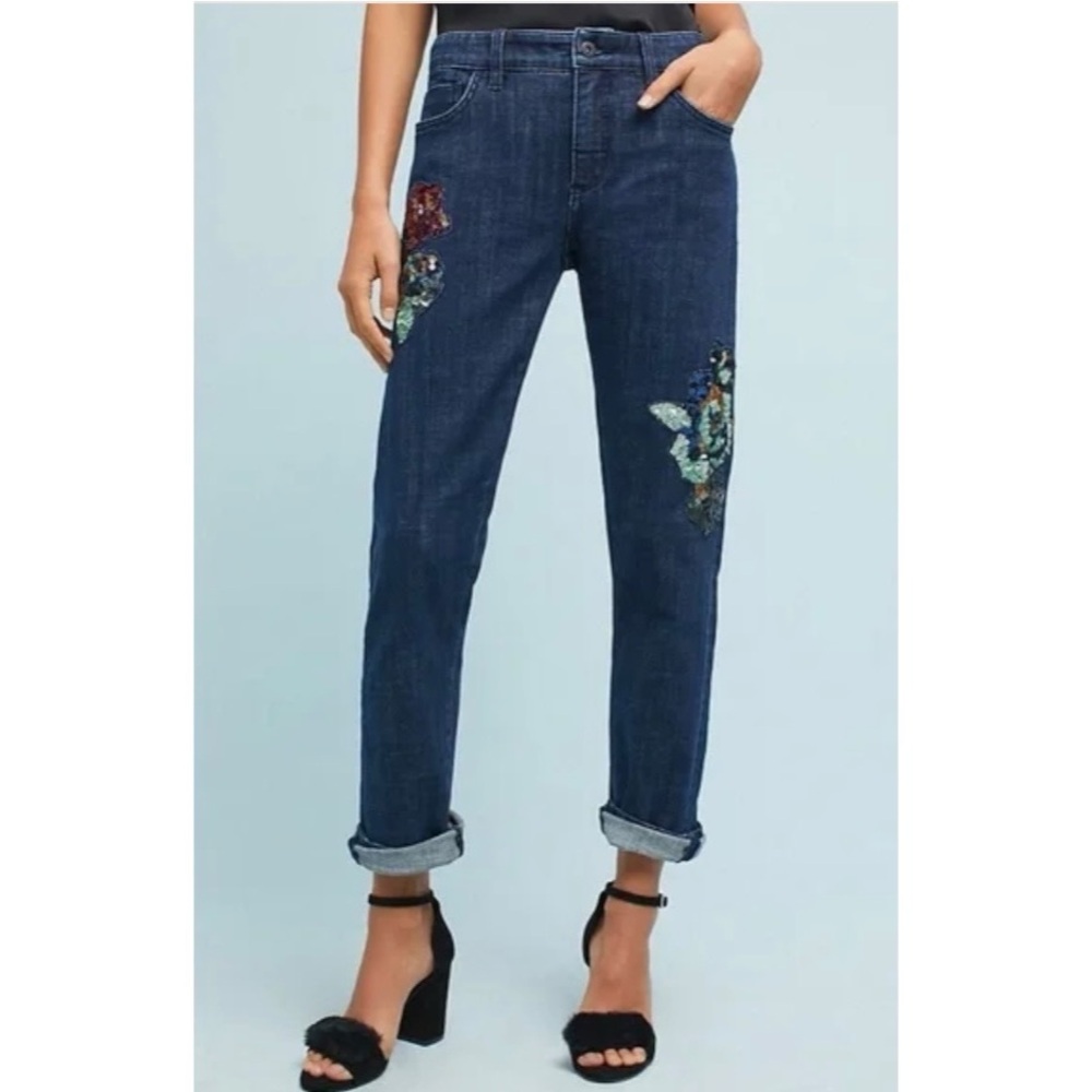 Pilcro & The Letterpress Slim Boyfriend Jeans Embellished Dark Wash Size 26
